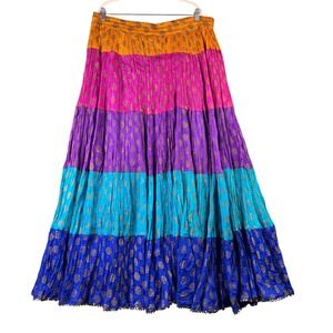 Banjara Women Tiered Lehenga Maxi Skirt Multicolor Block Print Crinkle Boho 8851